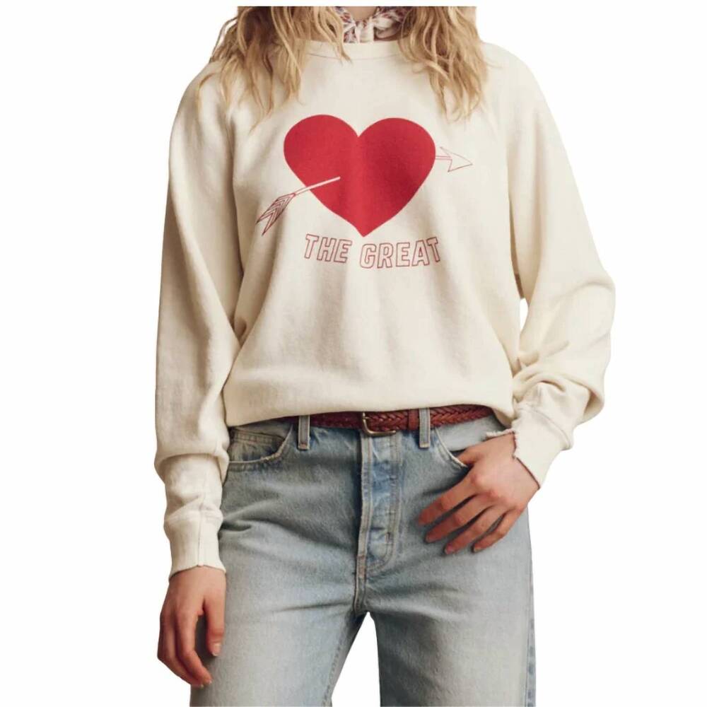 NEW THE GREAT. the college sweatshirt with heart in washed white